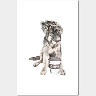 German Shepard With Coffee Cup Posters and Art